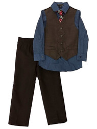 Boys 4 Piece Suit Blue Polka Dot Shirt Black Pants Charcoal Vest & Tie Set 4