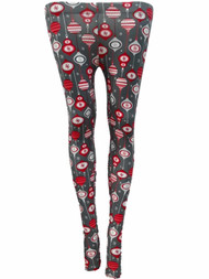 Womens Gray White Red Christmas Tree Holiday Ornament Snowflake Print Leggings