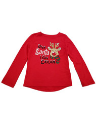 Girls Red Deer Santa Reindeer Holiday Christmas Glitter Tee Shirt Top T-Shirt XS