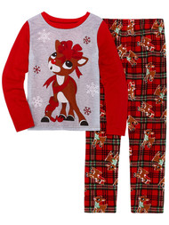 Toddler Girls Red Plaid Rudolph Red Nosed Reindeer Christmas Pajama Set