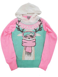 Womens Hot Pink Ski Ya Later Deer Hoodie Long Sleeve Lightweight Knit Sweater