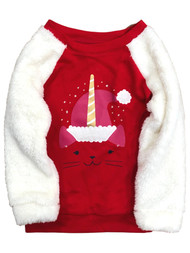 Girls Fuzzy Red & Unicorn Kitty Cat Holiday Sweatshirt