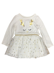 Infant & Toddler Girls White & Gold Long Sleeve Reindeer Tulle Holiday Dress