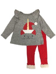 Infant & Toddler Girls Gray & Red Unicorn Cat Top & Legging Holiday Outfit