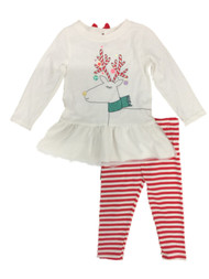 Infant & Toddler Girls White Reindeer Top & Red Striped Legging Holiday Set