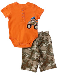 Infant Boys Orange Monster Truck Bodysuit & Camo Pants Outfit Set 0/3m
