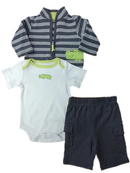 Infant Boys Gray Sweatshirt White Crocodile Bodysuit & Pants Outfit NB