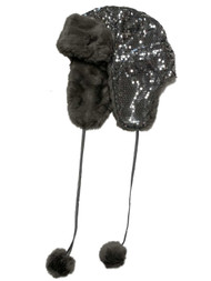 Womens Candies Silver Sparkling Sequin & Grey Faux Fur Lined Pom Pom Hat