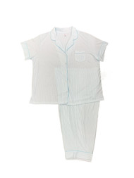 Womens Aqua & White Stripe Short Sleeve Button Up Top & Pant Sleep Set
