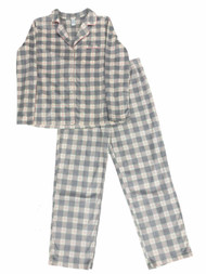 Womens Ivory Pink & Gray Plaid Fleece Pajamas Button Front Sleepwear Set