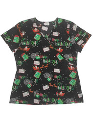 Womens Black Santa Claus Medical Smock Happy Holidays Christmas Scrubs Shirt