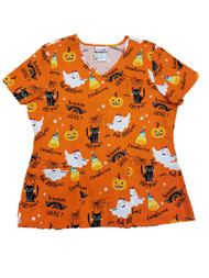 Womens Orange Faboolous Halloween Medical Smock Ghost & Cat Scrubs Shirt