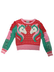 Infant & Toddler Girls Red Unicorn Christmas Sweater With Fringe Sleeves