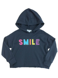 Girls Navy Blue With Glitter Gold Accents Smile Long Sleeve Hooded Shirt