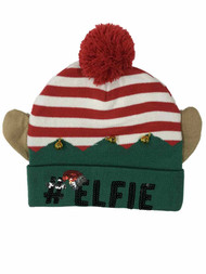 Womens Red Stripe Elfie Holiday Beanie Hat Christmas Elf Selfie Stocking Cap