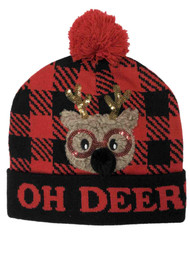 Womens Red Plaid Oh Deer Holiday Beanie Hat Christmas Reindeer Stocking Cap
