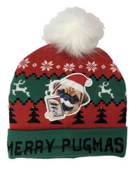 Mens & Womens Merry Pugmas Holiday Beanie Hat Light Up Pug Dog Stocking Cap