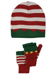 Womens Red & Green Stripe Elf Christmas Holiday Beanie Hat & Gloves Set