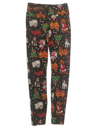 Junior Womens Black Polyester Christmas Puppy Dogs Holiday Leggings Pants