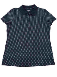 Womens Navy Blue Polka Dotted Short Sleeve Button Front Polo Shirt Top M