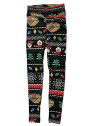 Junior Womens Black Poly Santa & Gingerbread House Holiday Leggings