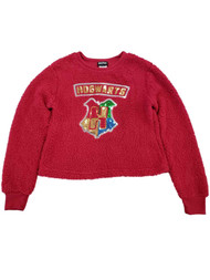 Harry Potter Junior Womens Red Hogwarts Sequin Semi Crop Sherpa Sweatshirt