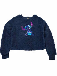 Disney Junior Womens Navy Blue Stitch Sequin Semi Cropped Sherpa Sweatshirt
