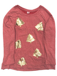 Womens Plus Size Light Red Gold Sequin Trees Long Sleeve Holiday Sweatshirt