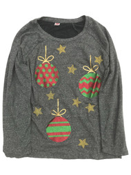 Womens Plus Size Grey Glitter Ornaments Long Sleeve Christmas Sweatshirt Top