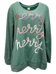 Womens Plus Size Light Green Merry Long Sleeve Christmas Holiday Sweatshirt