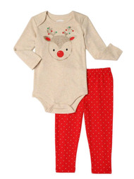 Infant Girls Glitter Gold Reindeer Bodysuit & Red Legging Christmas Outfit