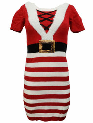 Womens Junior Red White Fuzzy Mrs Claus Christmas Holiday Knit Sweater Dress