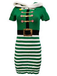 Womens Junior Green Candy Elf Hoodie Christmas Holiday Knit Sweater Dress