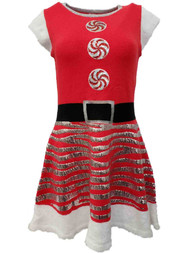 Womens Red White Fuzzy Candy Sequins Christmas Holiday Knit Sweater Dress