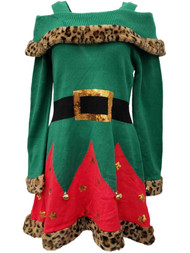 Womens Red Green Leopard Print Fuzzy Trim Christmas Elf Holiday Sweater Dress