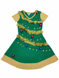 Junior Womens Green & Sparkly Gold Christmas Tree Holiday Knit Sweater Dress