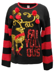Womens Black Red Fab-Yule-Ous Sequin Reindeer Christmas Holiday Sweater