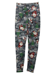 Junior Womens Gray Christmas Santa & Snowman Faux Fur Line Holiday Leggings
