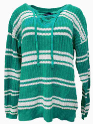Womens Aqua & White Stripe Laced V Neck Knit Cotton Sweater Shirt Top