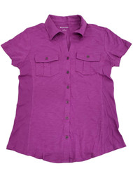 Womens Violet Purple Button Front Casual Short Sleeve Tee Shirt Top Small