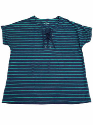 Womens Navy Blue & Teal Striped Short Sleeve Lace Front Shirt Top T-shirt Small