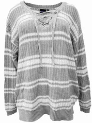 Womens Light Grey & White Stripe Laced V Neck Knit Cotton Sweater Shirt Top XL