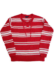 Womens Red & White Stripe Laced V Neck Knit Cotton Sweater Shirt Top