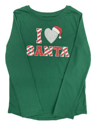 Girls Green Long Sleeve I Glitter Heart Santa Holiday Christmas Shirt Top