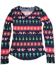 Junior Womens Christmas Print Navy Blue Long Sleeve Fitted V Neck Shirt