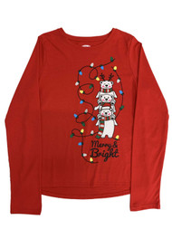 Girls Red Merry & Bright Polar Bear & Lights Christmas Holiday Shirt Top