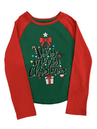 Girls Red & Green A Very Merry Christmas Holiday Raglan Glitter Shirt Top