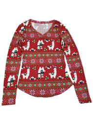 Junior Womens Christmas Llama Print Red Long Sleeve Fitted V Neck Shirt