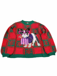 Womens Red & Green Bling Dog Fuzzy Long Sleeve Christmas Holiday Sweater Top