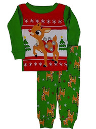 Infant Boys Green Rudolph The Red Nosed Reindeer Christmas Pajama Set